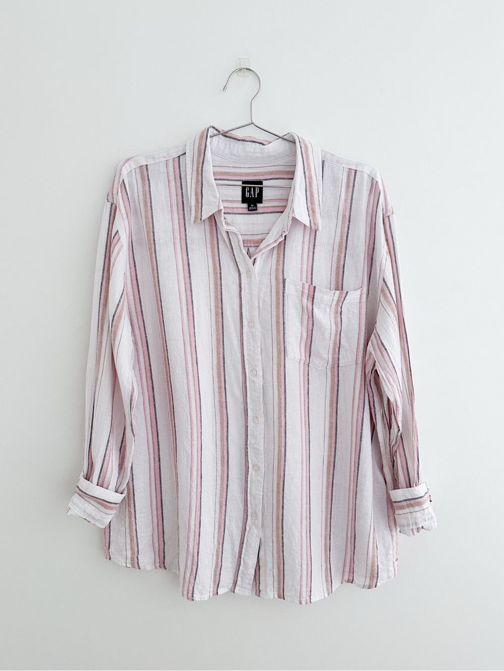 Gap Linen Blend Shirt XL White Blush Pink Stripe Coastal Oversized Button Down